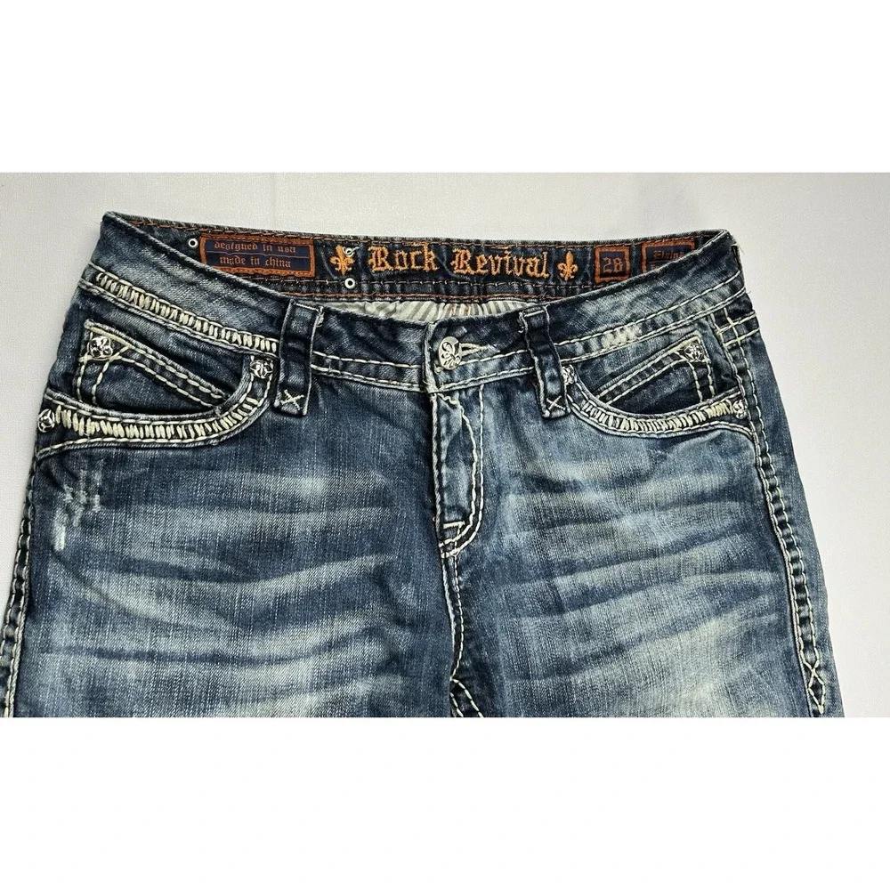 Rock Revival Elaina Bootcut‎ Jeans Size 28 Y2K Distressed Thick Stitch Flap